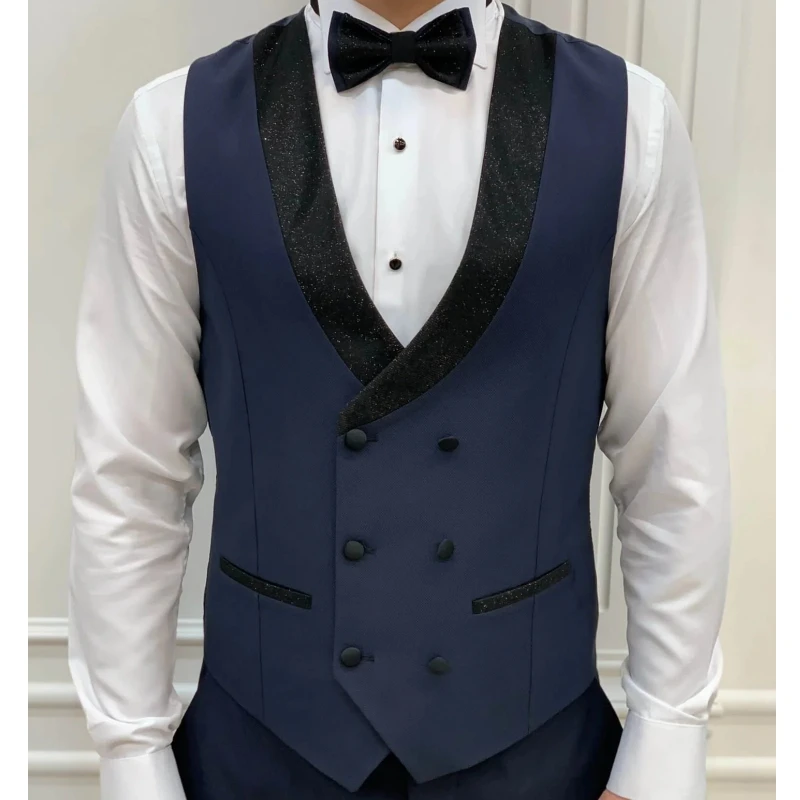 Men Vest Army Green Double Button With Black Lapel Waistcoat Suit Fit Wedding Banquet Party Business Work Tuxedo Men Suit