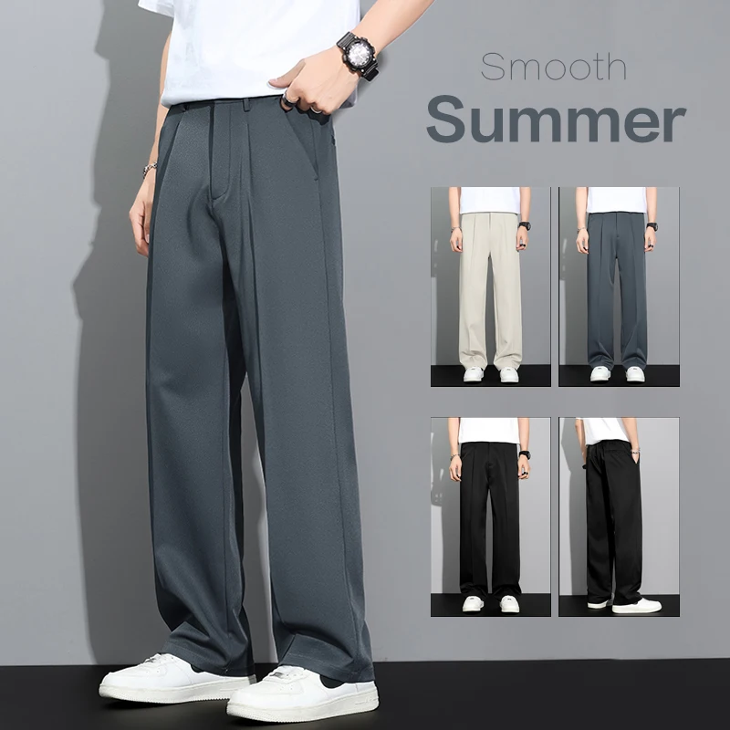 

Мужские летние брюки 2026 в корейском стиле: свободные, прямые, струящиеся, легкие, повседневные, цвета хаки, темно-серые, черные