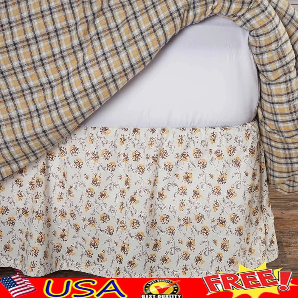 

King Bed Skirt Floral Design 16 Inch Drop Cotton Ruffle Dust Cover Split Corners Mustard Yellow Flowers Farmhouse Vintage Style