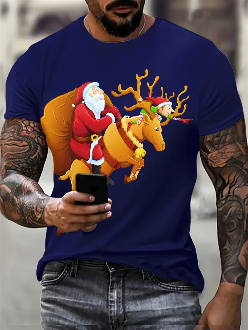 T-shirt de rue imprimé en 3D pour hommes, motif de père Noël et de cerf de dessin animé, manches courtes, t-shirt masculin tendance, grande taille, 6XL