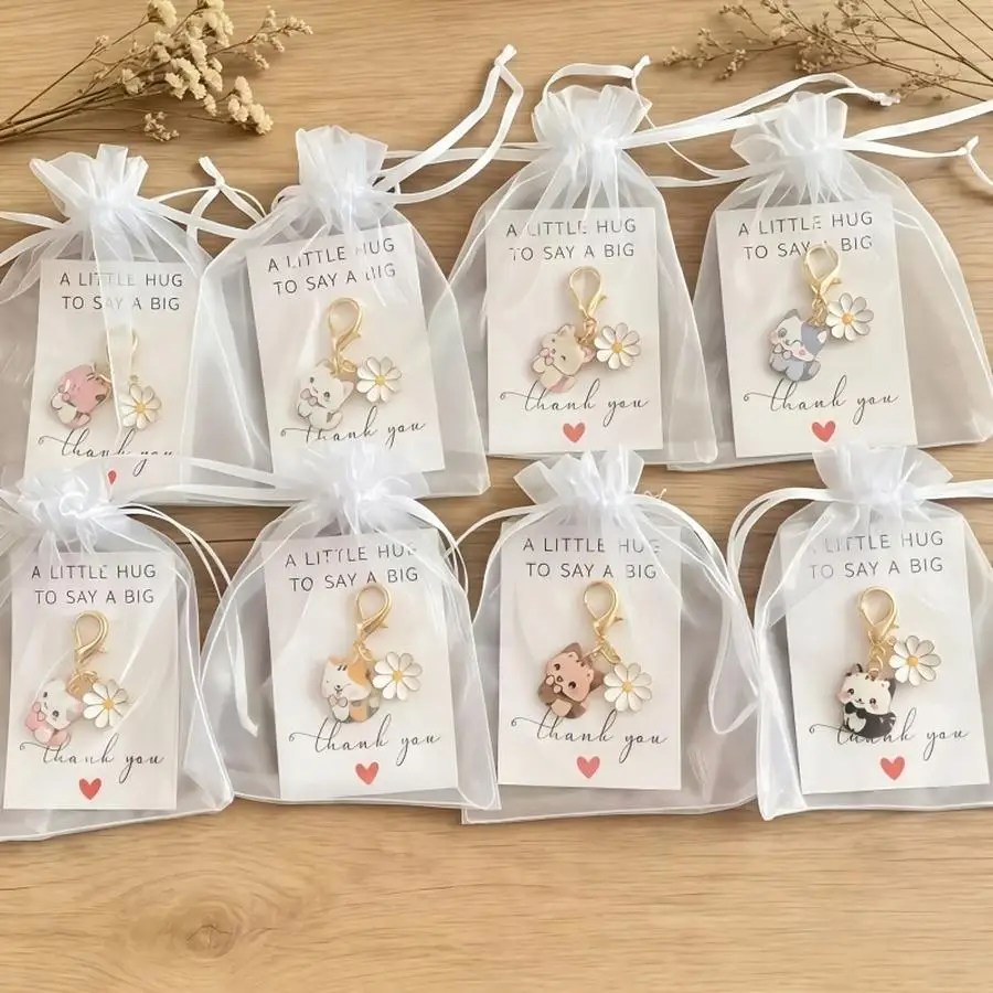 1/5/10/20/50/100pcs Cartoon Cute Bow Cat Daisy Durable Zinc Alloy Keychain Pendant Set, Pet Keychain, Includes 8 Keychains/8 Car