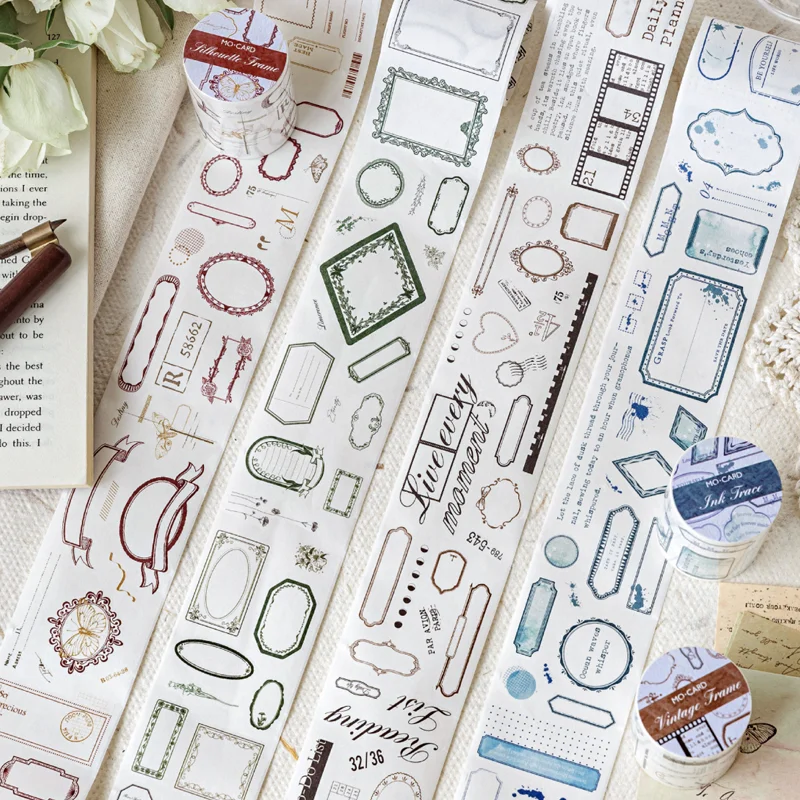 

4rolls Plain Border Series Washi Die-Cut Tape Handbook Decorative Tape Stickers DIY Notebook Cards Diary Sticky Notes Tags Album