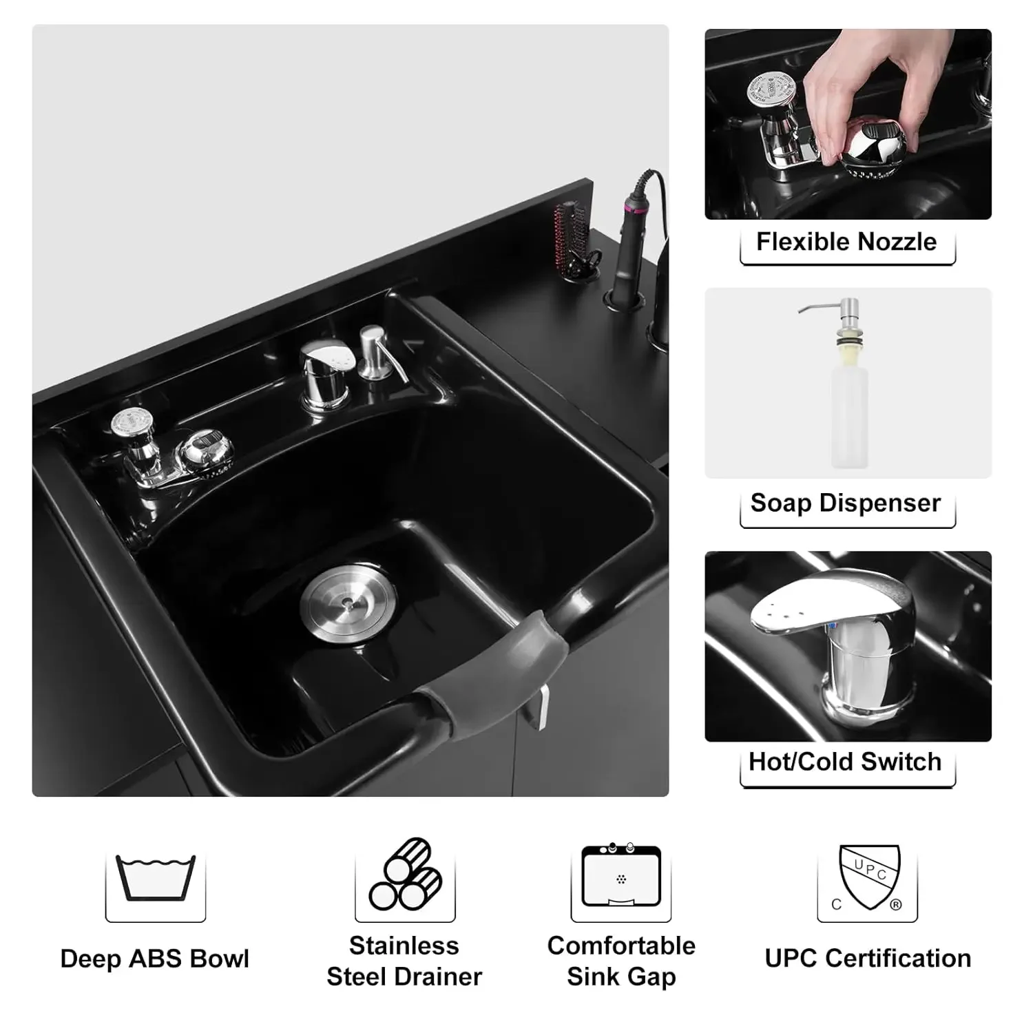 hand Shampoo Station with Shampoo Bowl and Drawer, 110V Outlets, All in One Hair Salon Sink Backwash Salon Station with U