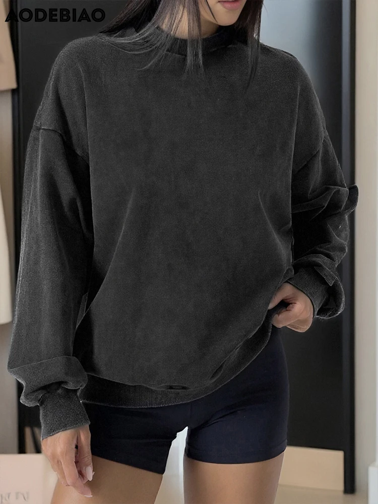 AODEBIAO Black Sports Hoodie Women Autumn Long Sleeves O-Neck Solid Fitness Hoodie Casual Loose Basic Hoodie Women Streetwear
