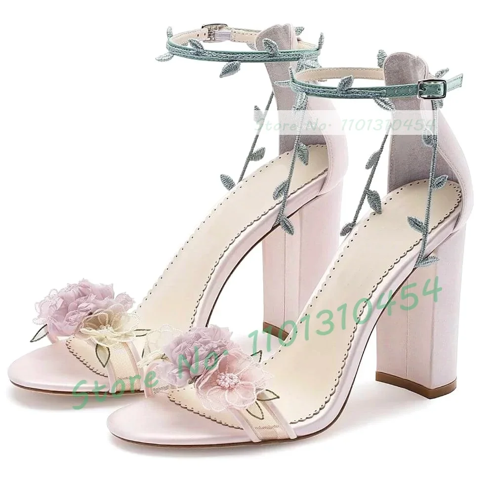 Flowers Block Heels Sandals With Leaves Strap Women Colorful Floral High Heels Pink Shoes Ladies Comfy Casual Party Dress Sandal