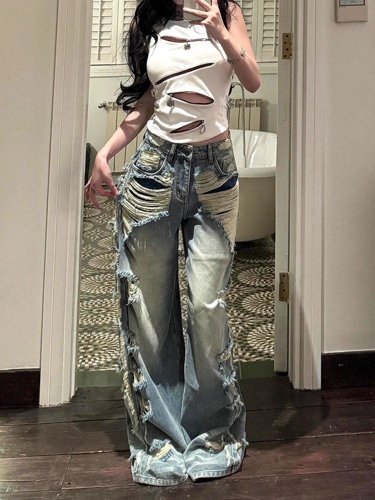 

Light Blue Womens Ripped Jeans High Waist Vintage Classic Straight Baggy Denim Pants Street Y2K American Style Wide Leg Denim