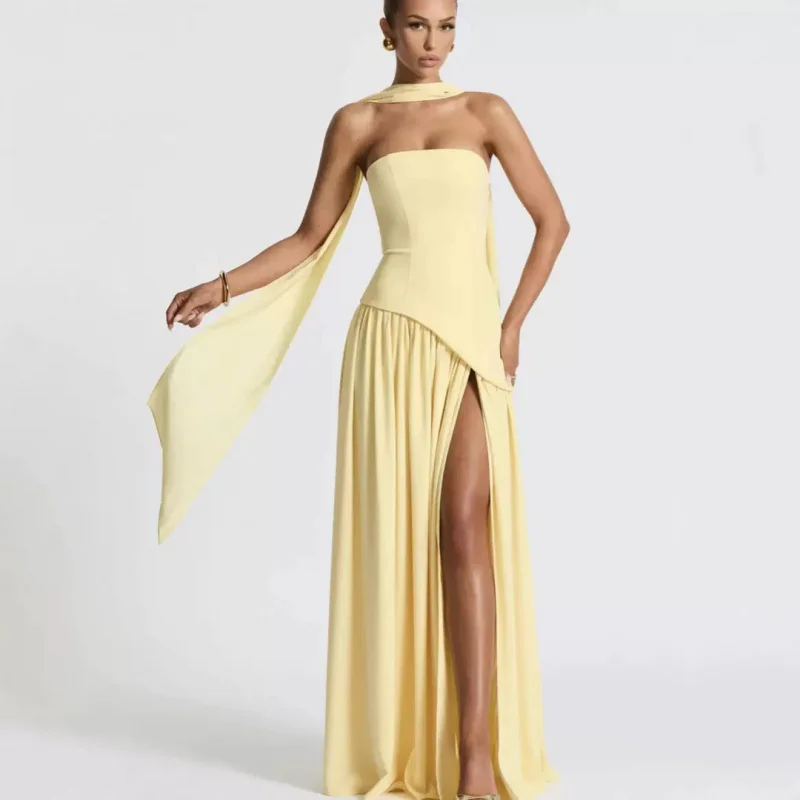 

Elegant Socialite Irregular Strapless Tie Dress for Women2025New summer style French sexy slit long dress