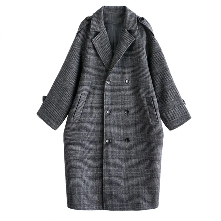 2023 autumn and winter new Korean version plaid medium and long over the knee woolen temperament loose woolen coat coat