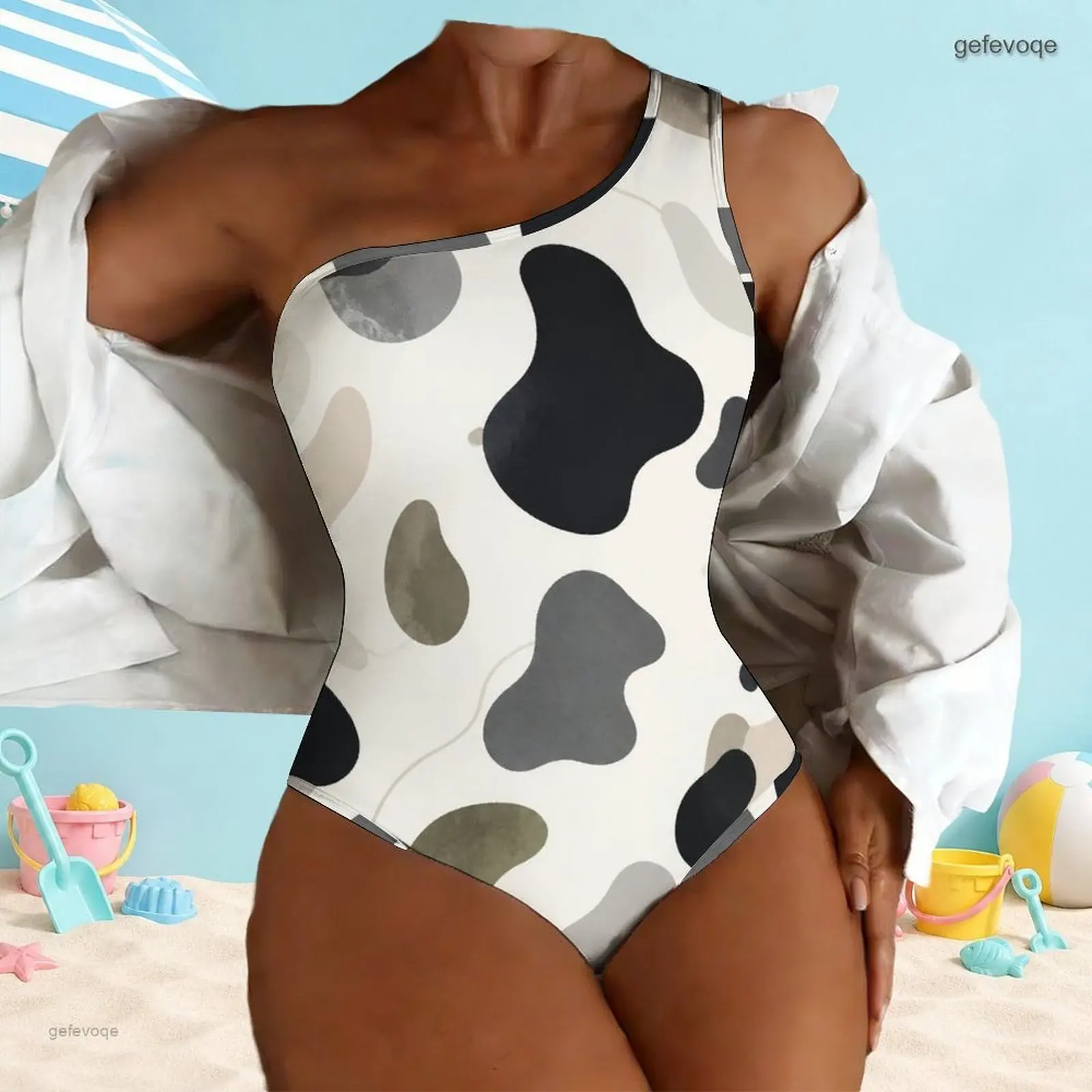 Women Asymmetric One Shoulder Sleeveless Printed Abstract Irregular Spot One Piece Swimsuit