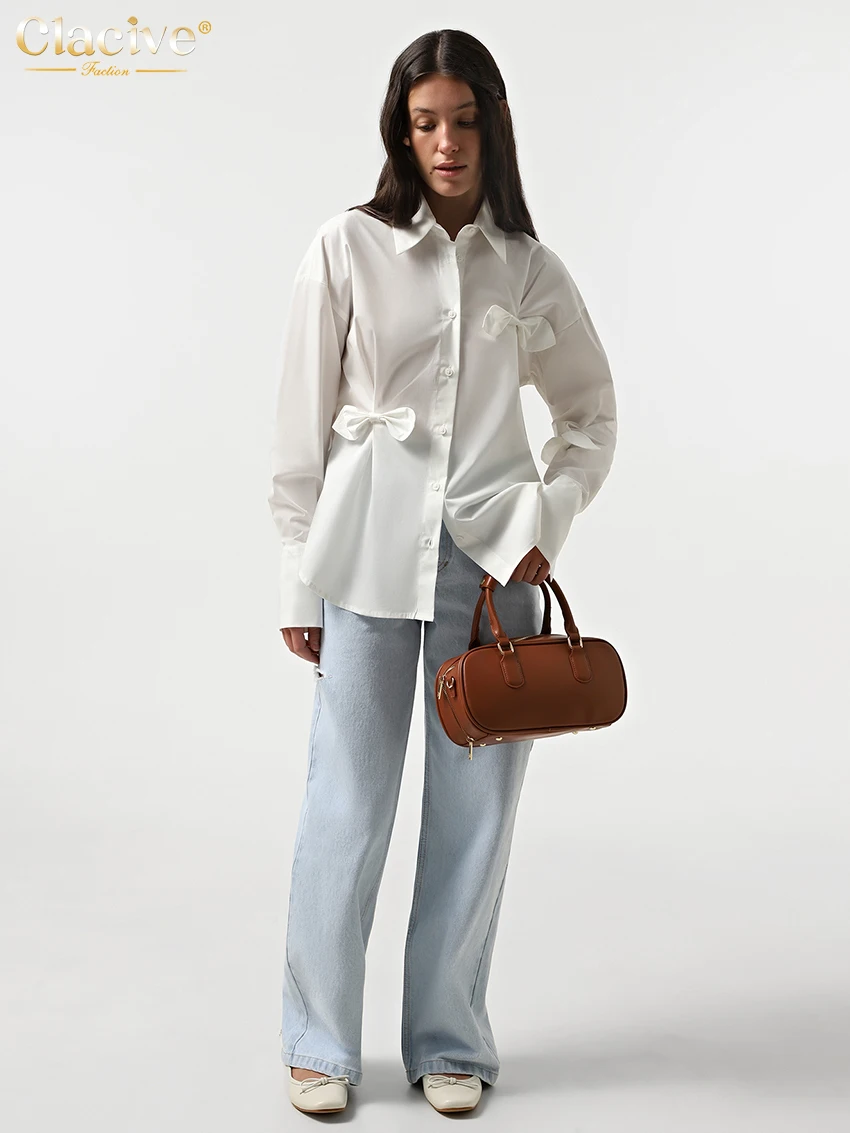 Clacive Fashion Loose White Office Women's Shirt 2025 Casual Lapel Long Sleeve Blouse Elegant Classic Bow Tops Female Clothing