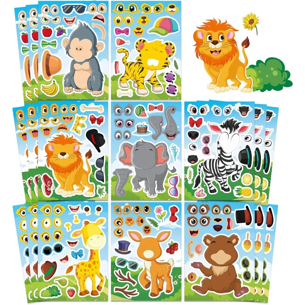 

24 Sheets Animal Stickers for Kids Toddler, Make-a-face Stickers, Make Your Own Safari Animal Mix and Match Sticker for