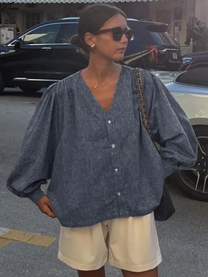 

Oymimi Fashion Blue V-Neck Women Shirts Elegant Long Sleeve Single Breasted Shirts Autumn New Loose Solid Blouses Streetwear