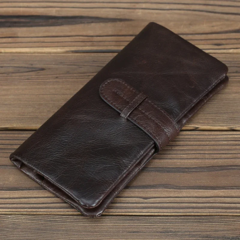 Genuine Leather Men\'s Long Wallet Real Cowhide Leather Long Purse Men Women Smooth Skin Leather Card Purse Anti Theft