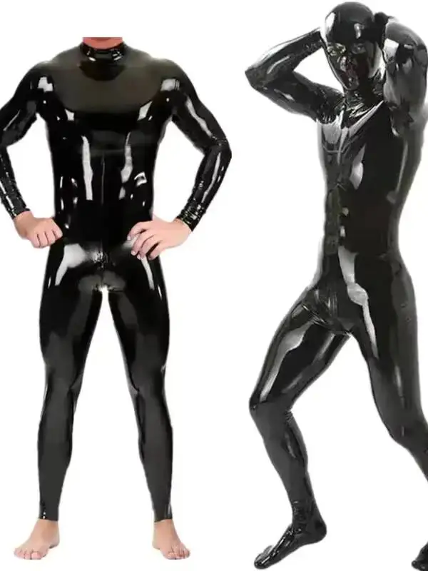 

Male Black Shiny Faux Leather Jumpsuit Zipper Open Crotch Wetlook Latex Bodysuit Men Erotic Clubwear Catsuit