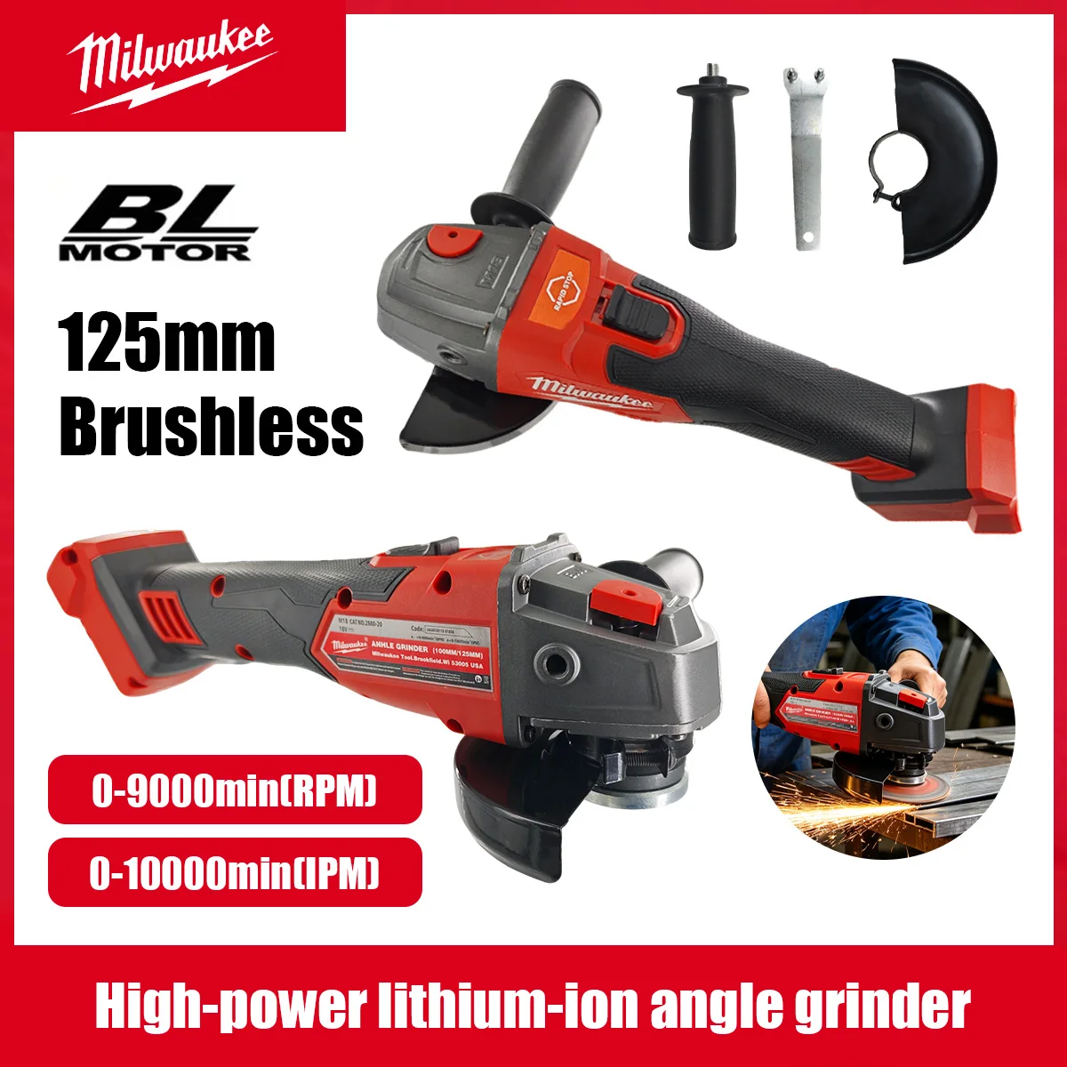 Meuleuse d'angle Milwaukee 125 mm sans balais, machine de polissage et de découpe, interrupteur à palette sans verrouillage, outils électriques sans fil