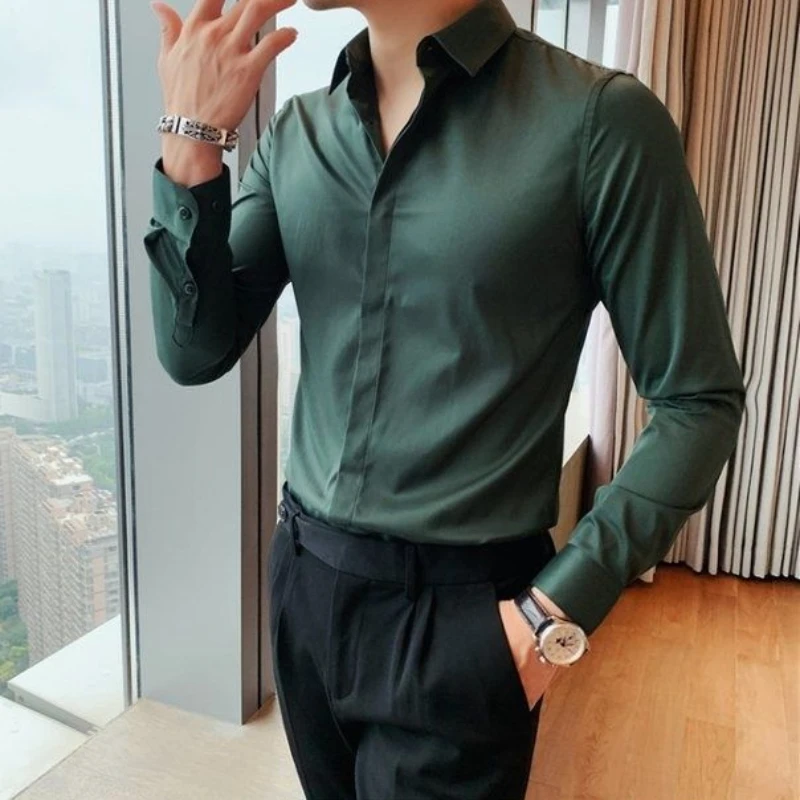 Man Shirt Plain Business Green Shirts for Men Cheap Brand Slim Fit Original Xxl Things Comfortable with Sleeves Elegant Summer