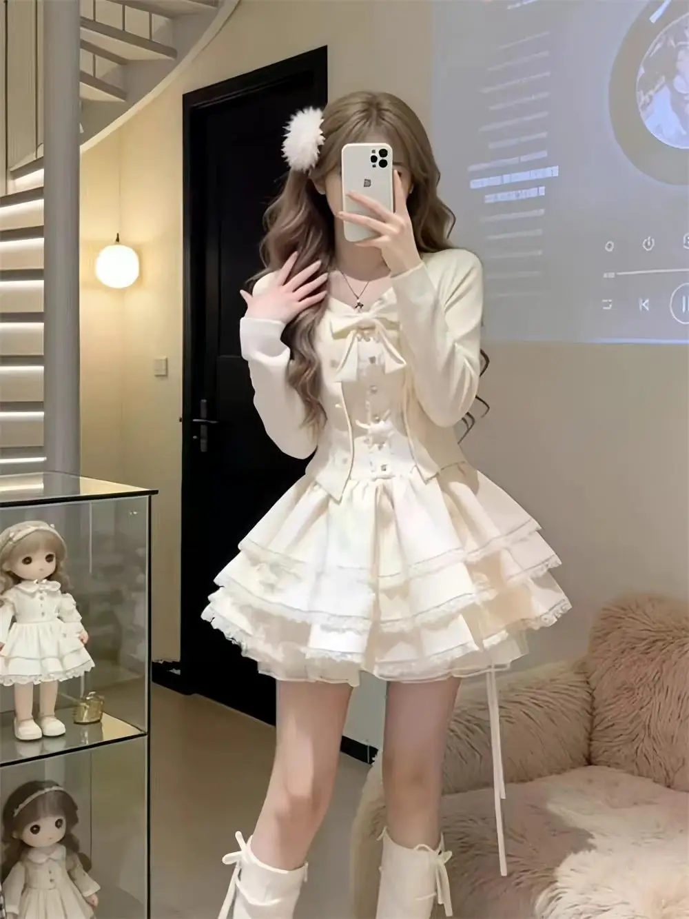 Unique Sweet Fitted Cardigan Puffy Dress Women's Fashion Set Spring 2026 Age Reduction Style French Style Long Sleeve High Waist