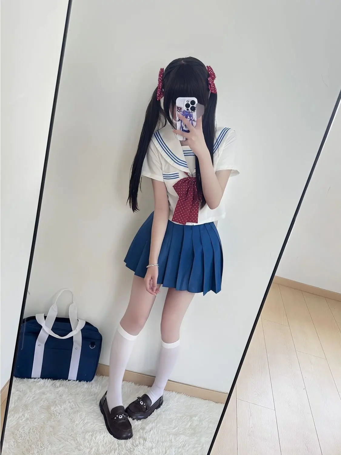 Original Summer Japanese Style School Uniform Set Navy Plaid Skirt Short Sleeve Three Blue Short Skirt Breathable Polyester