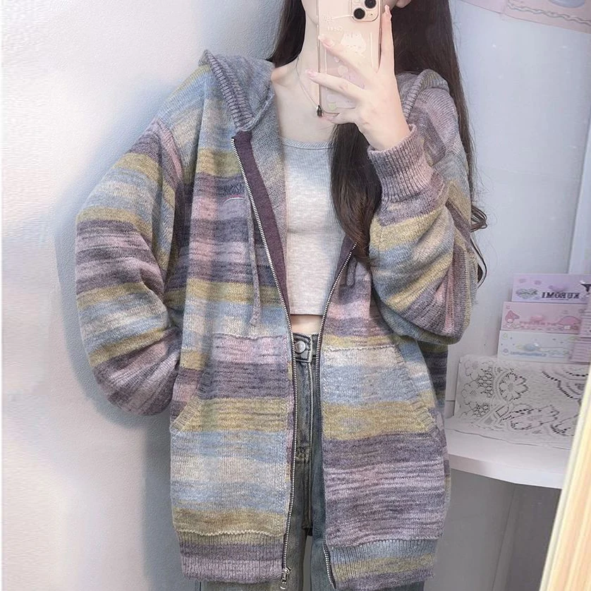 2023 Female Rainbow Hooded Cardigan Coat Autumn Winter New Fashion Stripe Zipper Jacket Women\'s Loose Casual Knitted Outerwear