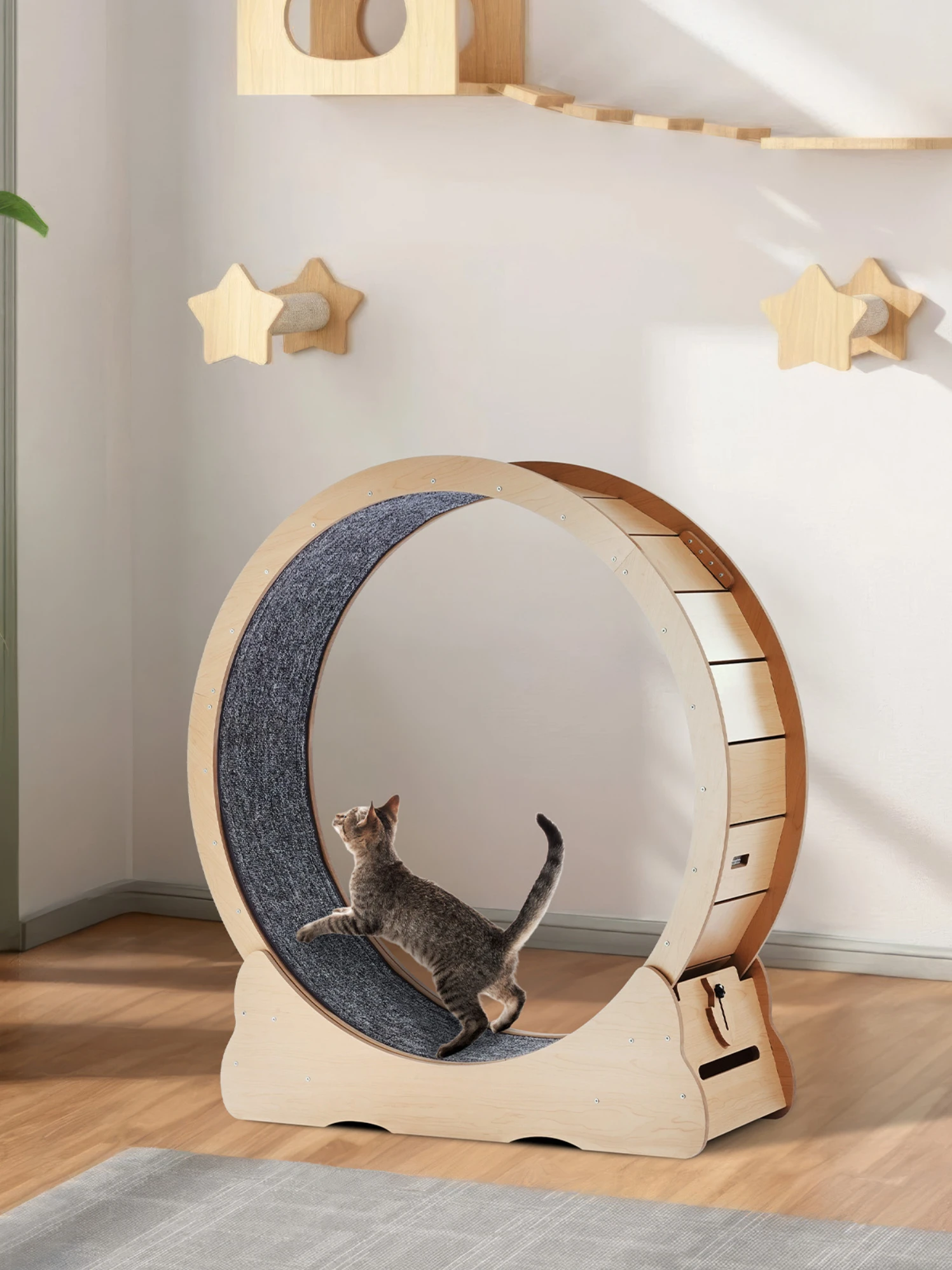 SucceBuy Houten kattenoefenwiel Groot kattenloopbandwiel voor binnen Kattenloopwiel met afneembaar tapijt en kattenteaser - afbeelding 2