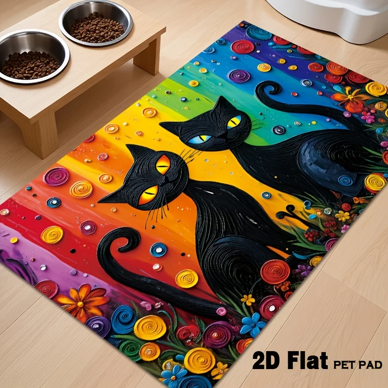 1pc 2D Flat Black Cats Rainbow Abstract Art Flannel Area Rug Non Slip Pet Lover Carpet For Living Room Bedroom Floor Decor
