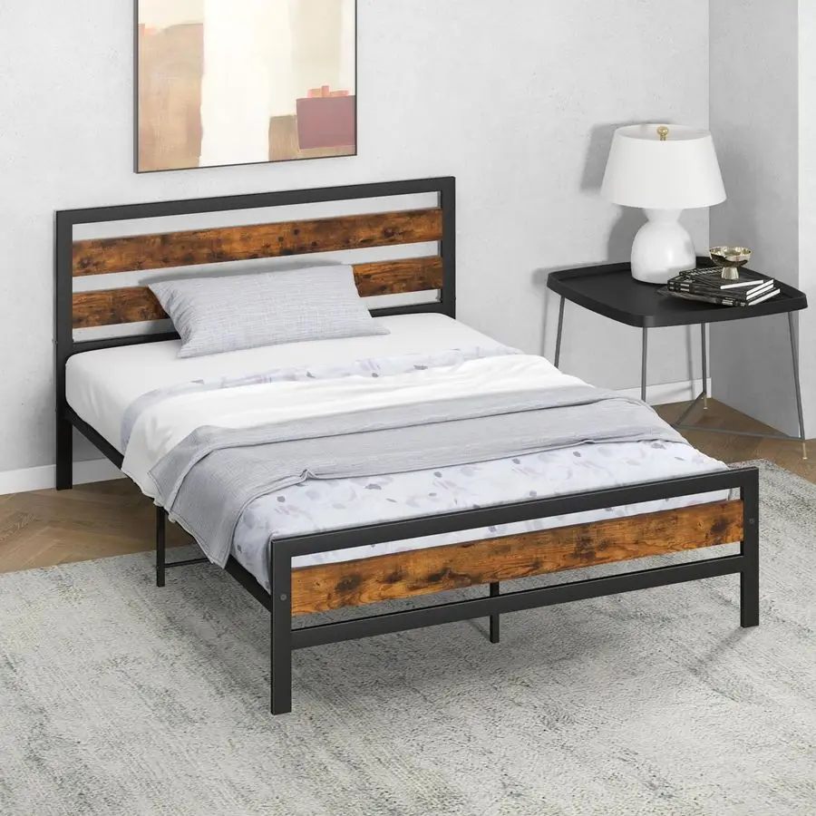 4FT6 5FT Platform Bed Frame, Double King Metal Mattress Foundation with Slatted Headboard amp Footboard, Industrial Bedstead Ba