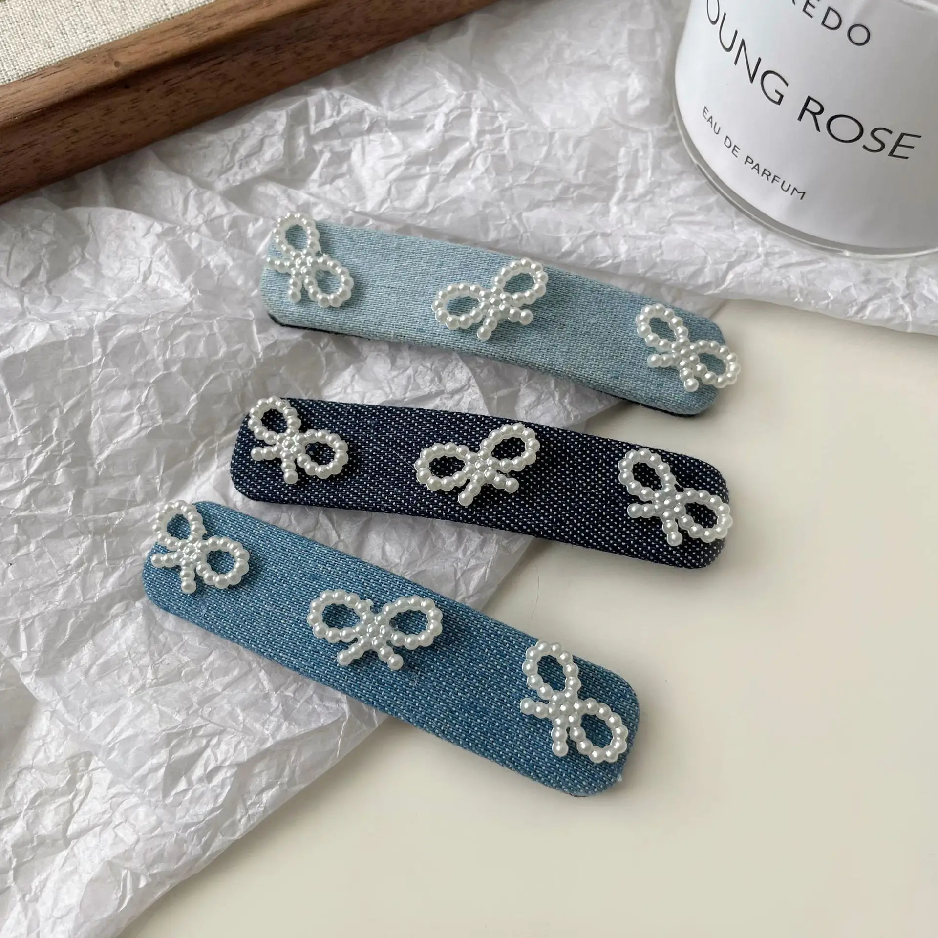 2024 New Korean Style Blue Series Denim Pearl BowKnot BB Hair Clips with Kawayi Hairpin Barrettes  Accessories for Women