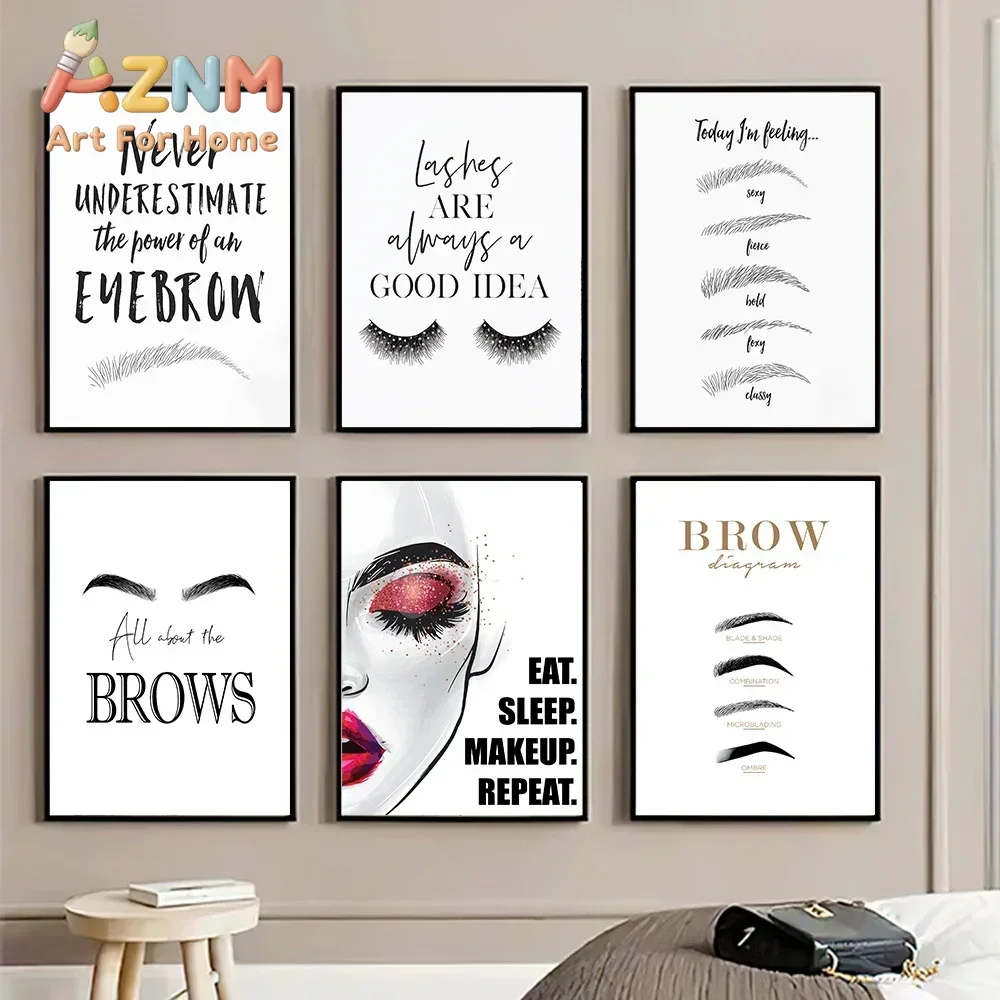 AZNM Makeup Brow Lash Canvas Wall Art Beauty Salon Cosmetic Quote Art Print Unframed Canvas Poster for Beauty Studio Bedroom Hom