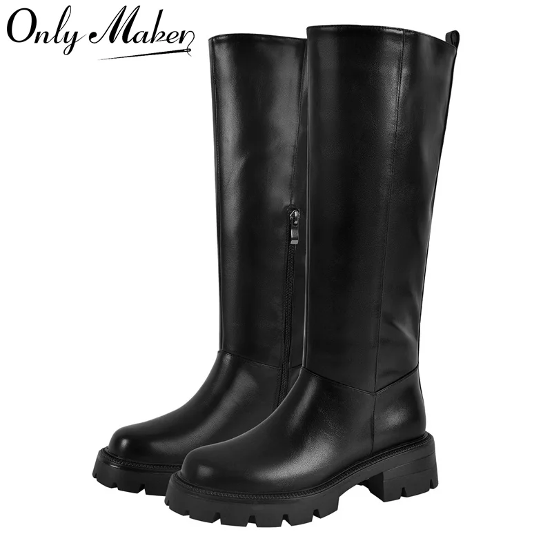 

Onlymaker Women Black Matte Knee High Boots High Heeled Winter Warm Woman Fashion Snow Motorcycle Boots