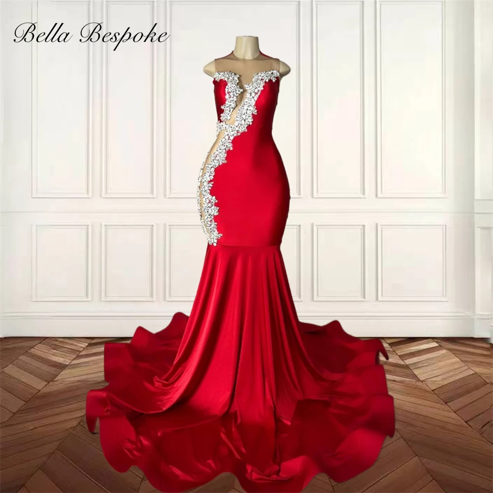 Red O Neck Long Prom Dresses For Black Girls Beaded Appliques 2024 Birthday Luxury Dress Mermaid Graduation Gown