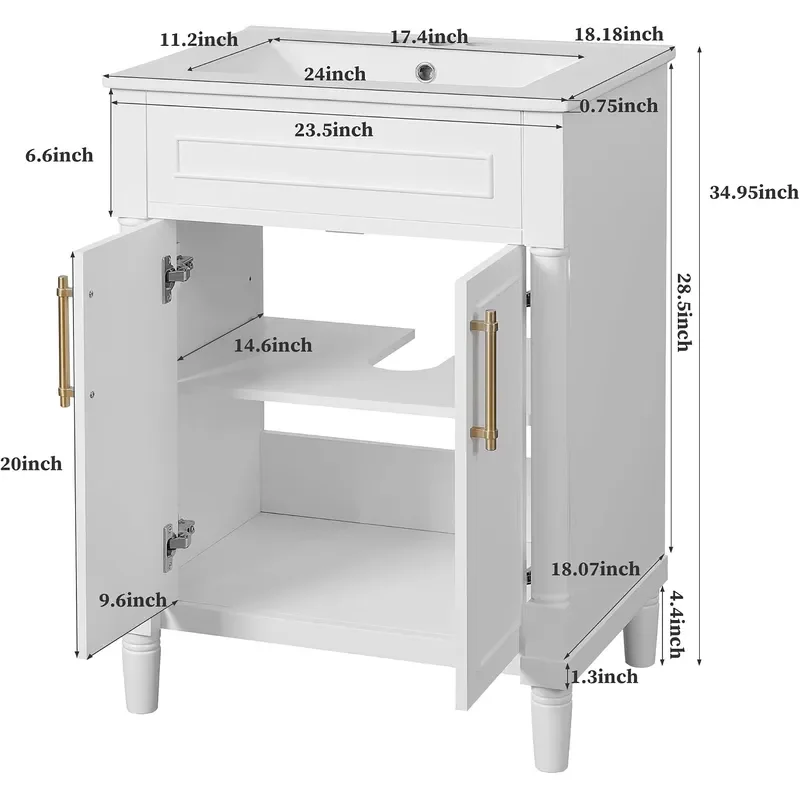 24 inch Bathroom Vanity with Ceramic Sink and Adjustable Shelf White