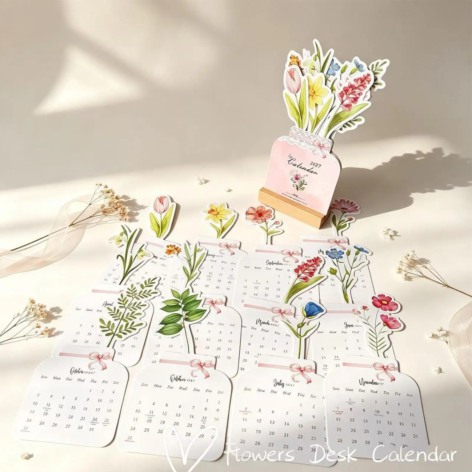 Flower Desk Calendar 12-Month 2027 Tabletop Decorations Desktop Planner Calendar for Students Teachers Birthday Holiday Gifts