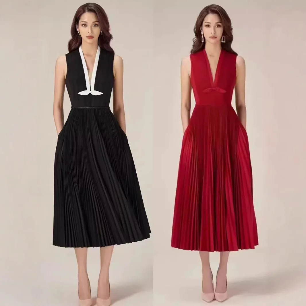 Elegant Red Deep VคอชุดเดรสแขนกุดPaneledสานจีบเสื้อMidiยาวชุดสตรีแฟชั่น 2025