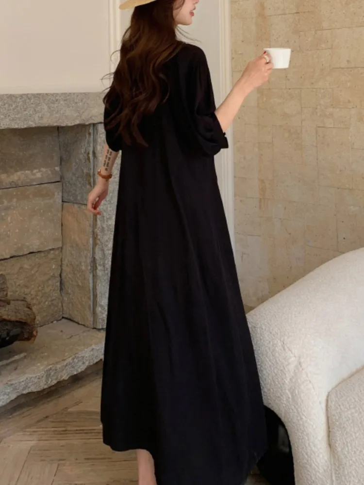Summer OverSize Vintage Embroidered Dress Women V-Neck Single-Breasted Waist-Fitted Flare Sleeve Ladies Dresses Vestidos