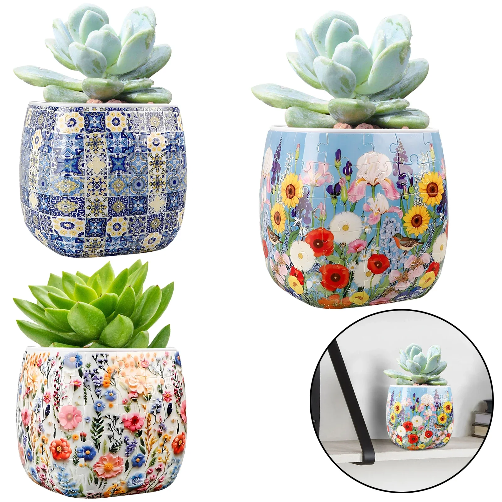 3D Puzzle Planter DIY Plastic Flower Vase Ornaments Home Accent with 96Pcs Puzzles Flower Pot for Indoor Cactus Succulents