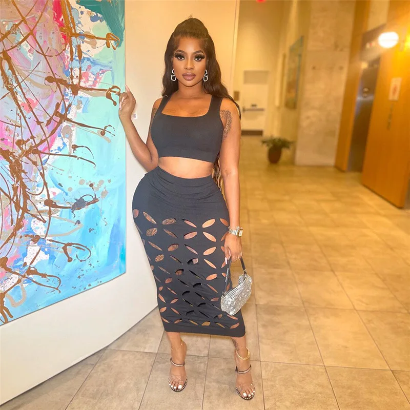 

Women Cutout Maxi Bodycon Midi Skirts Set Sexy Sleeveless Hollow Out Tank 2023 Street Fashion INS Two 2 Piece Set Dress Outfits