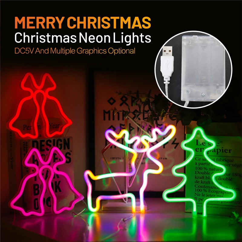 USB LED Neon Night Light Bell/Snow DC5V Christmas Creative Sign Wall Hanging Art Bedroom Decor for Holiday Room Home Party Gift