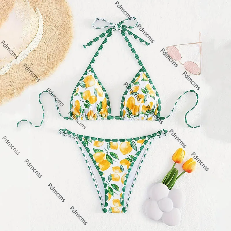 

2025 new bikini European and American printed lace-up swimsuit women's beach hot spring swimsuit bikini