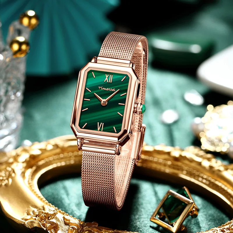 Top Brand Women Green Malachite Roma Vintage Ladies Wristwatches Drop shipping Stainless Steel Mesh Quartz Rose Gold Watches