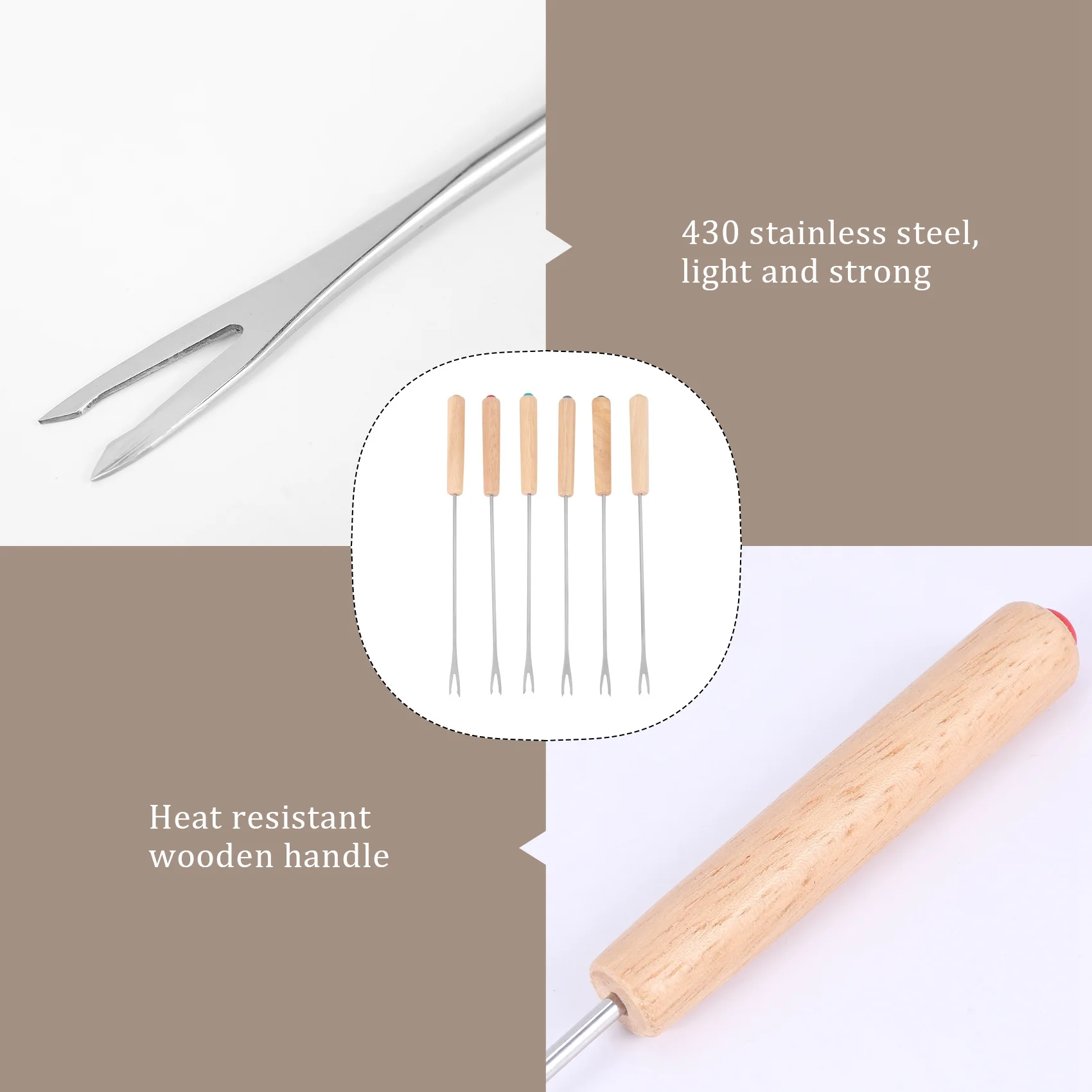 ABUN Stainless Steel Color Coding Chocolate Fondue Forks with Oak Wood Handle 9.5 Inch for Cheese