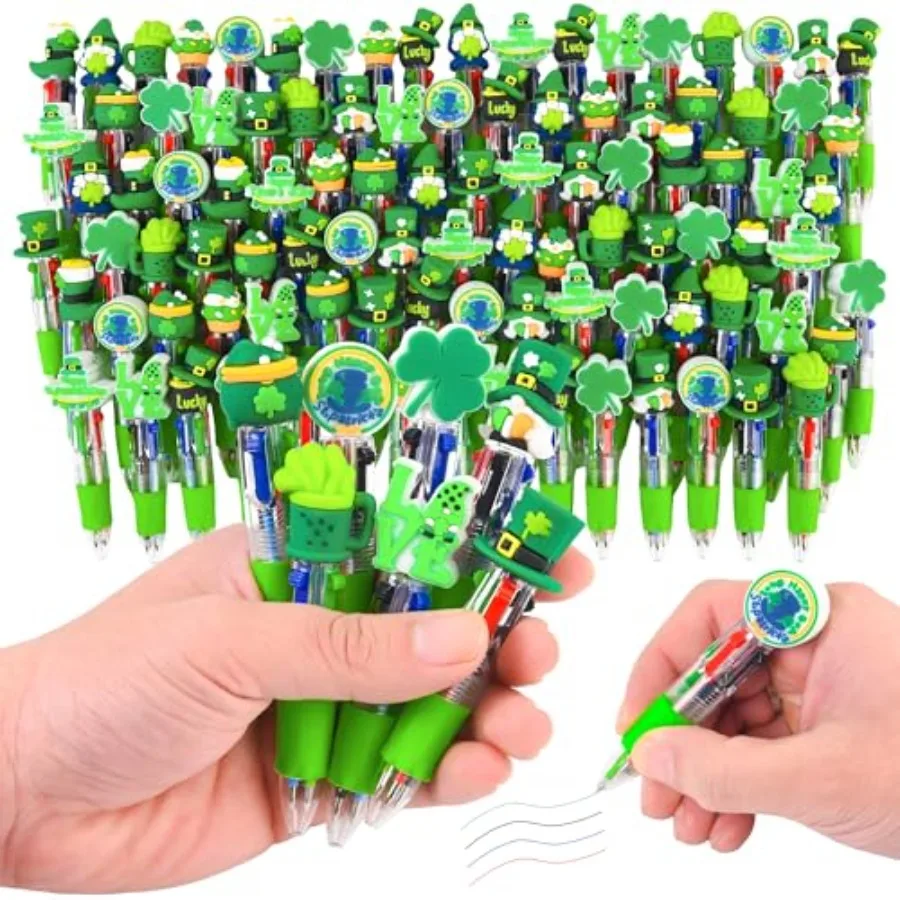 

Набор из 4-х разноцветных ручек ко Дню Святого Патрика: милые мультяшные ручки 4-в-1 с дизайном в виде шляпки, клевера и кожаных элементов, оптом, в стиле Kawaii