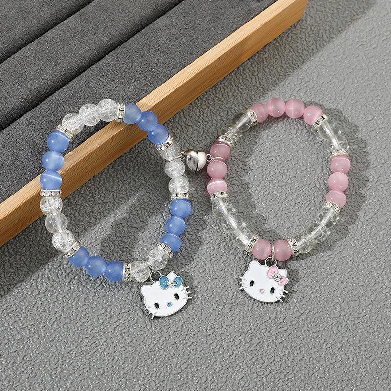 2Pcs Fashion Cartoon Cute Hollow Out Kt Cat Pendant Beaded Bracelets Creative Heart Magnets Attract Couple Bracelets Gifts