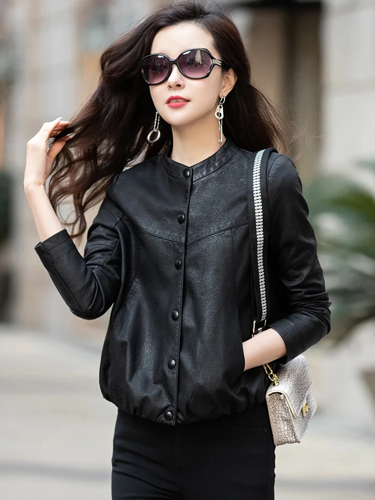 Leather New Women Short Jacket Spring Autumn 2023 Casual Fashion O-Neck Solid Loose Sheepskin Coat Leather Outerwear Biker Tops