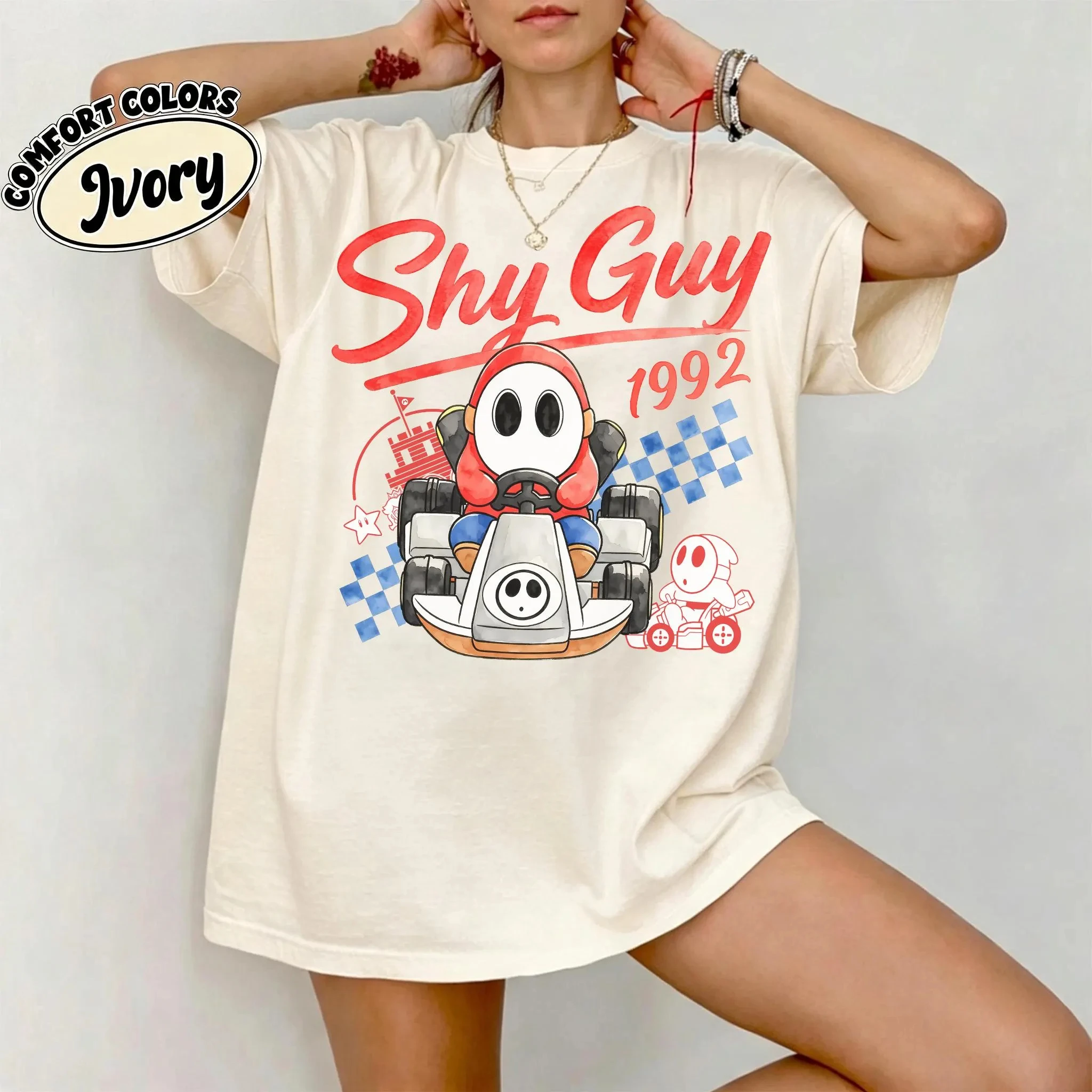 Toad Kart 1973 T Shirt Super Mario Cartoon Game Checkerboard Graphic Unisex Ivory Short Sleeve Tee Men Women Loose Casual Tops
