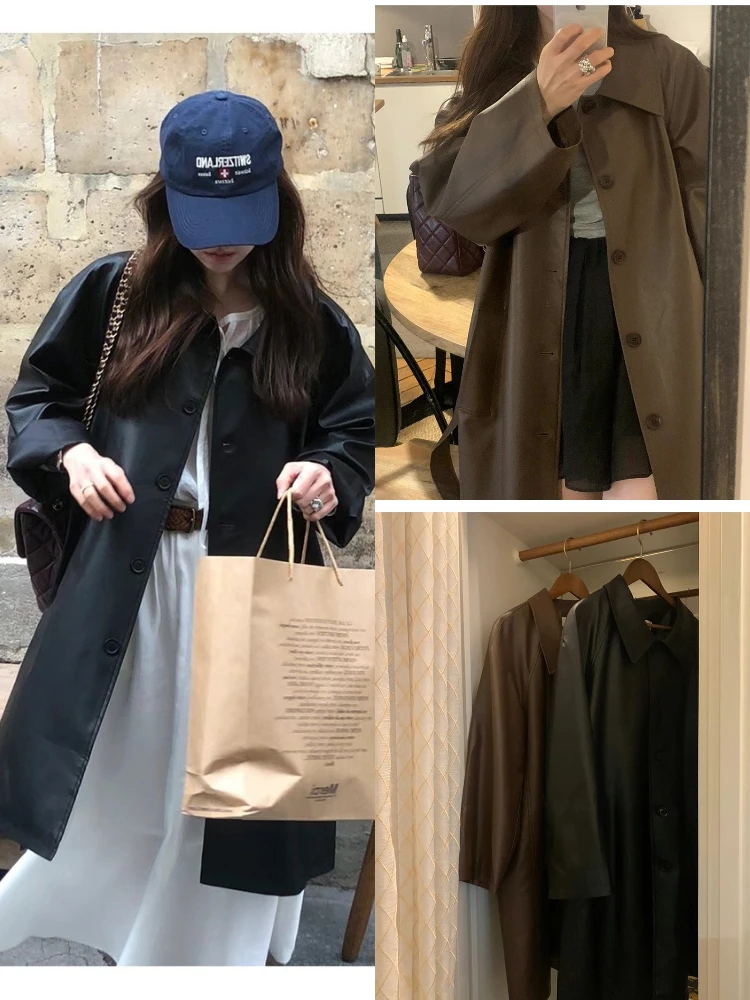 

Женская кожаная одежда средней длины с воротником-джатом на одной пуговице, свободная верхняя одежда в Корейском стиле, осень Dongdaemun в стиле ретро