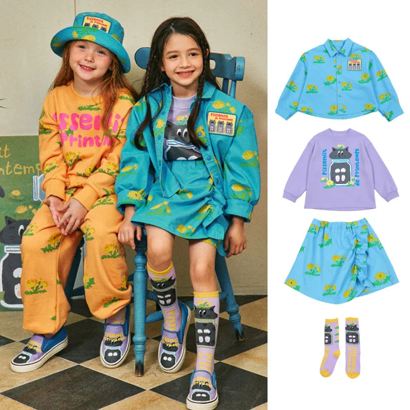 

Spot BEBEBEBE 2024 spring and summer dandelion print coat for boys and girls cute cat sweater dress pants suit