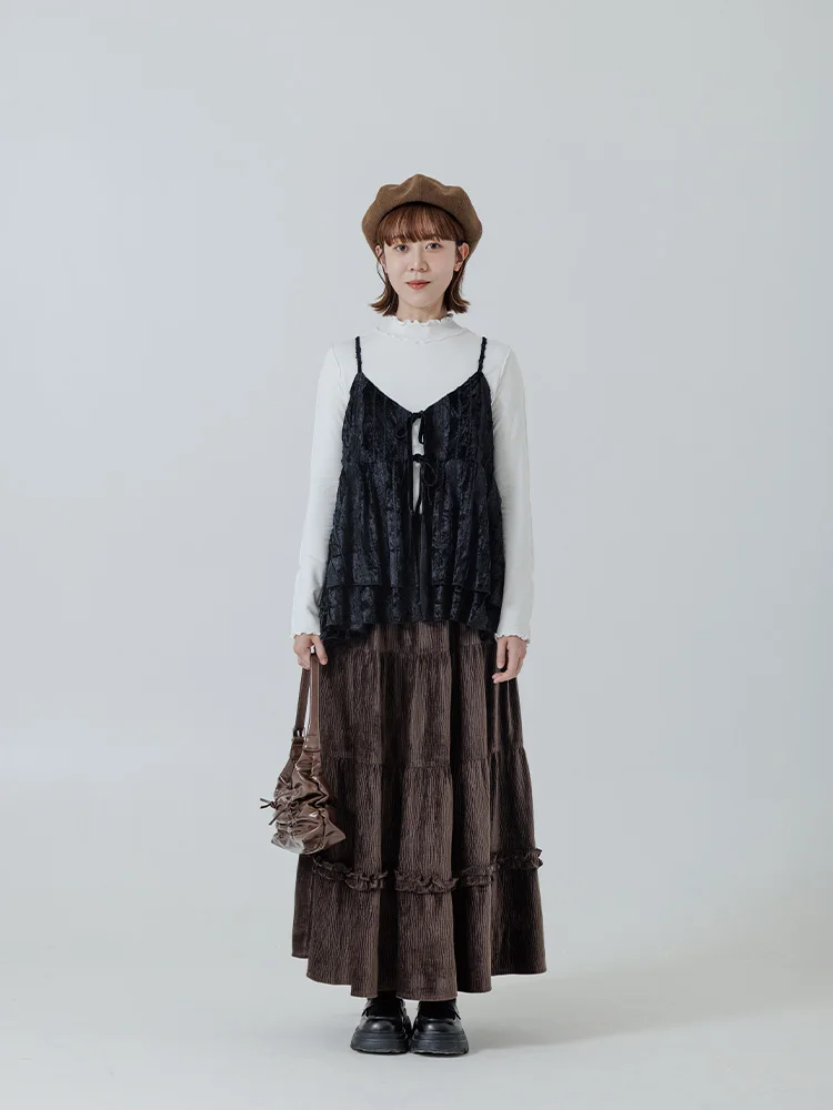 

Queenop Autumn Winter New Women's Fce Glossy Texture Velvet Long Skirt Casual Breathable Polyester Cotton Blend Cake Skirt