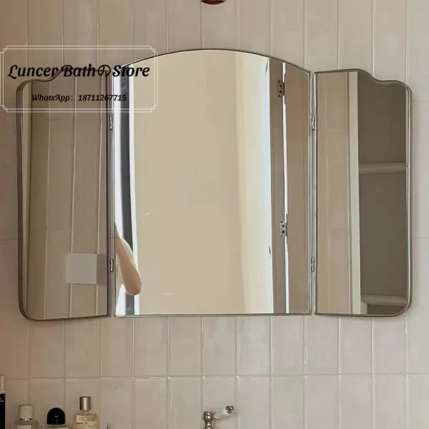French Light Luxury Bathroom Mirror, European 3 Fold Wall Mounted Vanity Mirror for Bedroom, Advanced Tri Fold Makeup Mirror