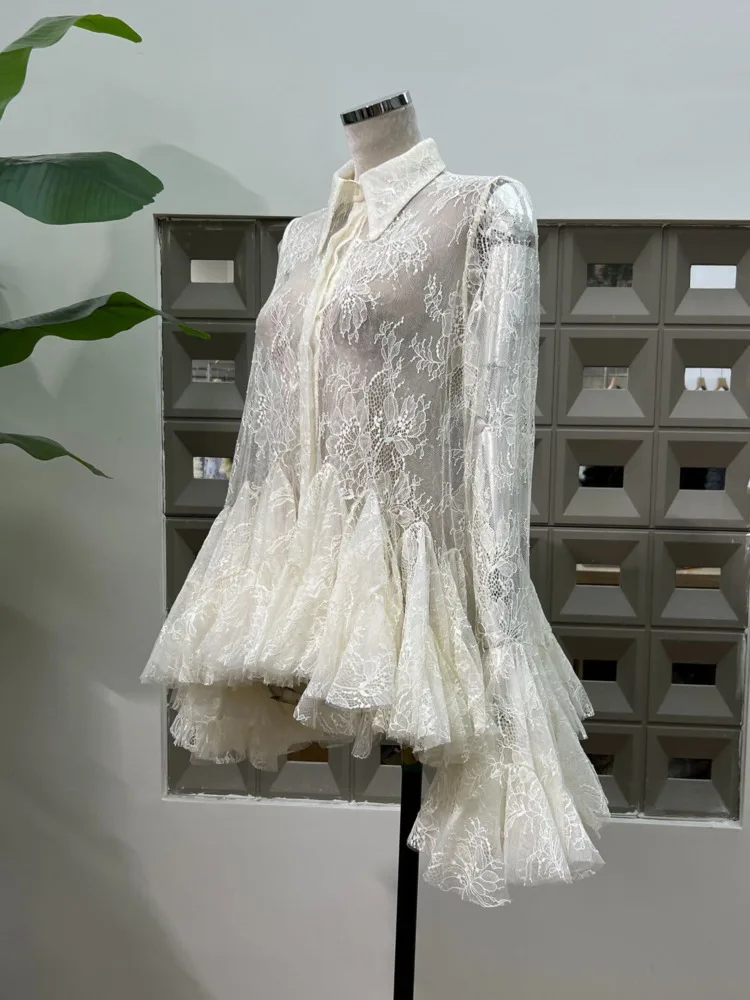 DFDG Women’s Designer Sheer Lace Blouse With Sequin Floral Cut Out Lapel Long Bell Sleeve Spring And Summer Elegant Shirt