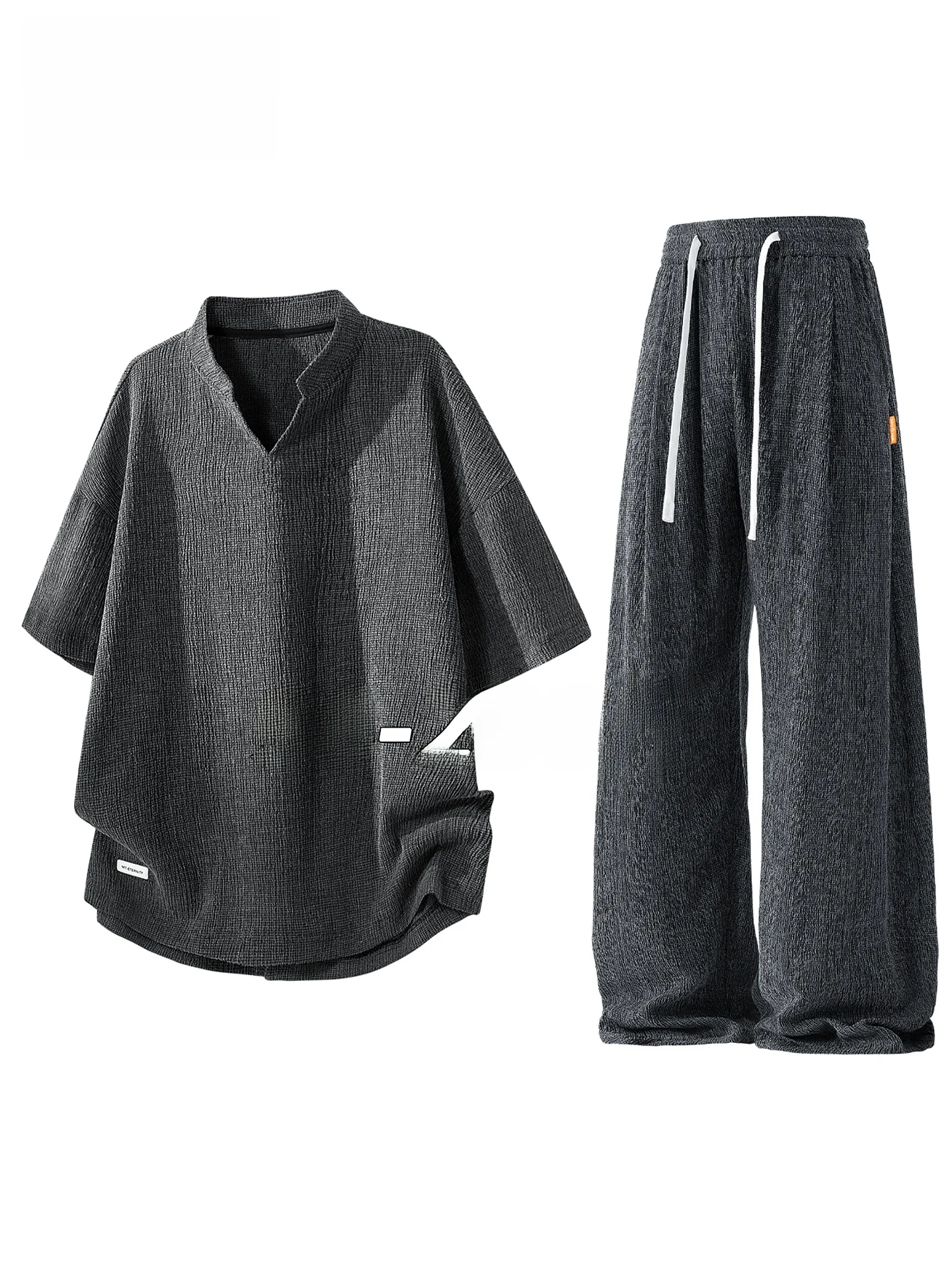 Conjunto de Camiseta Texturizada de Tamanho Grande MoChao para Homens, Verão, Leve, Solto, Respirável, Casual, Manga Curta e Calças Longas